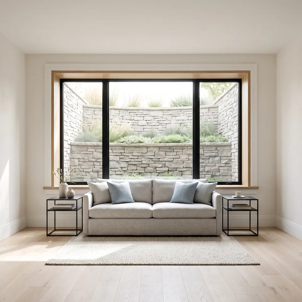 A daylit basement living room with a large egress window