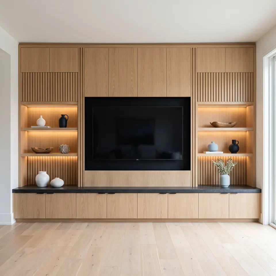 Oak built-in media wall in a finished basement remodel