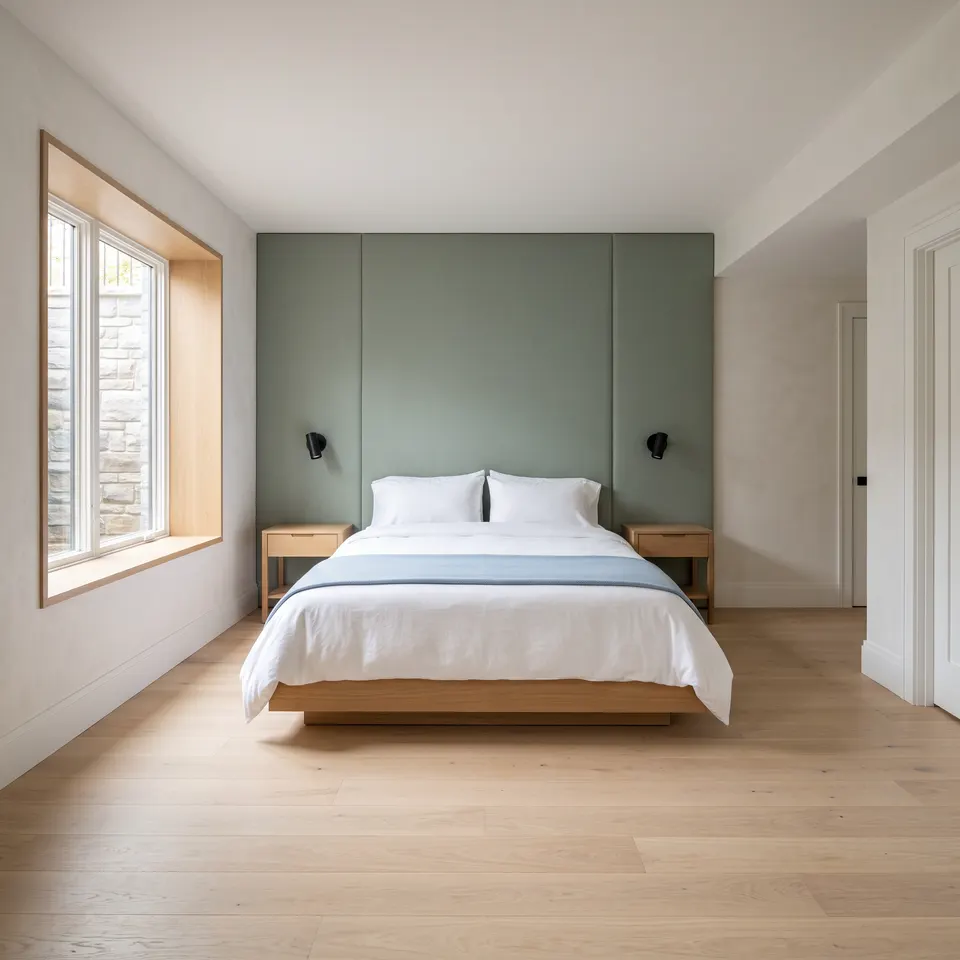 Lower-level guest bedroom with a crisp made bed and daylight