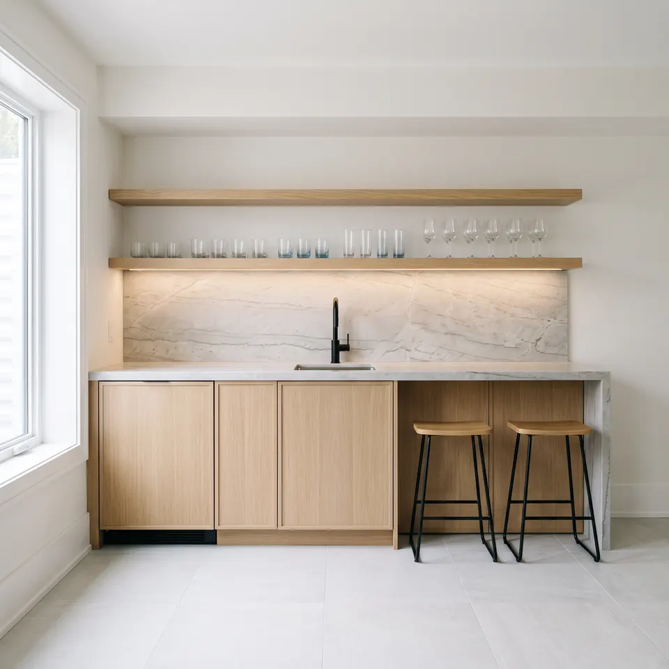 A basement kitchenette and bar in oak and honed stone