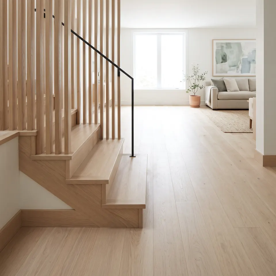 Lower-level stair landing opening into a bright finished room