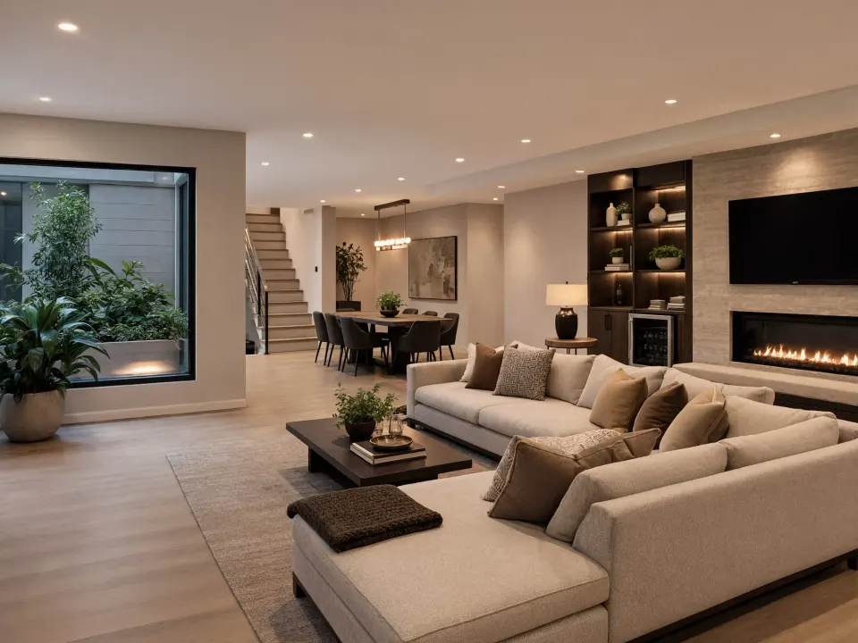 A finished lower level with a linear fireplace, dining area and egress window well