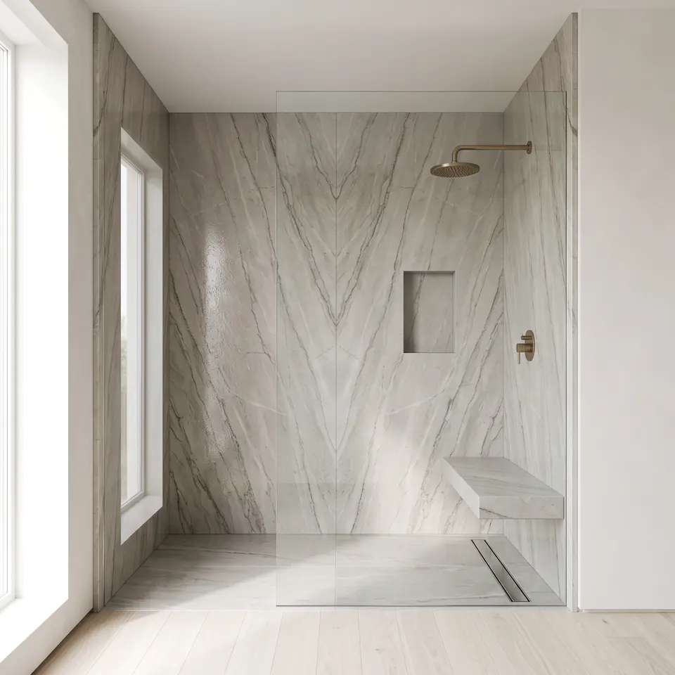 A frameless walk-in shower in book-matched marble with a floating stone bench