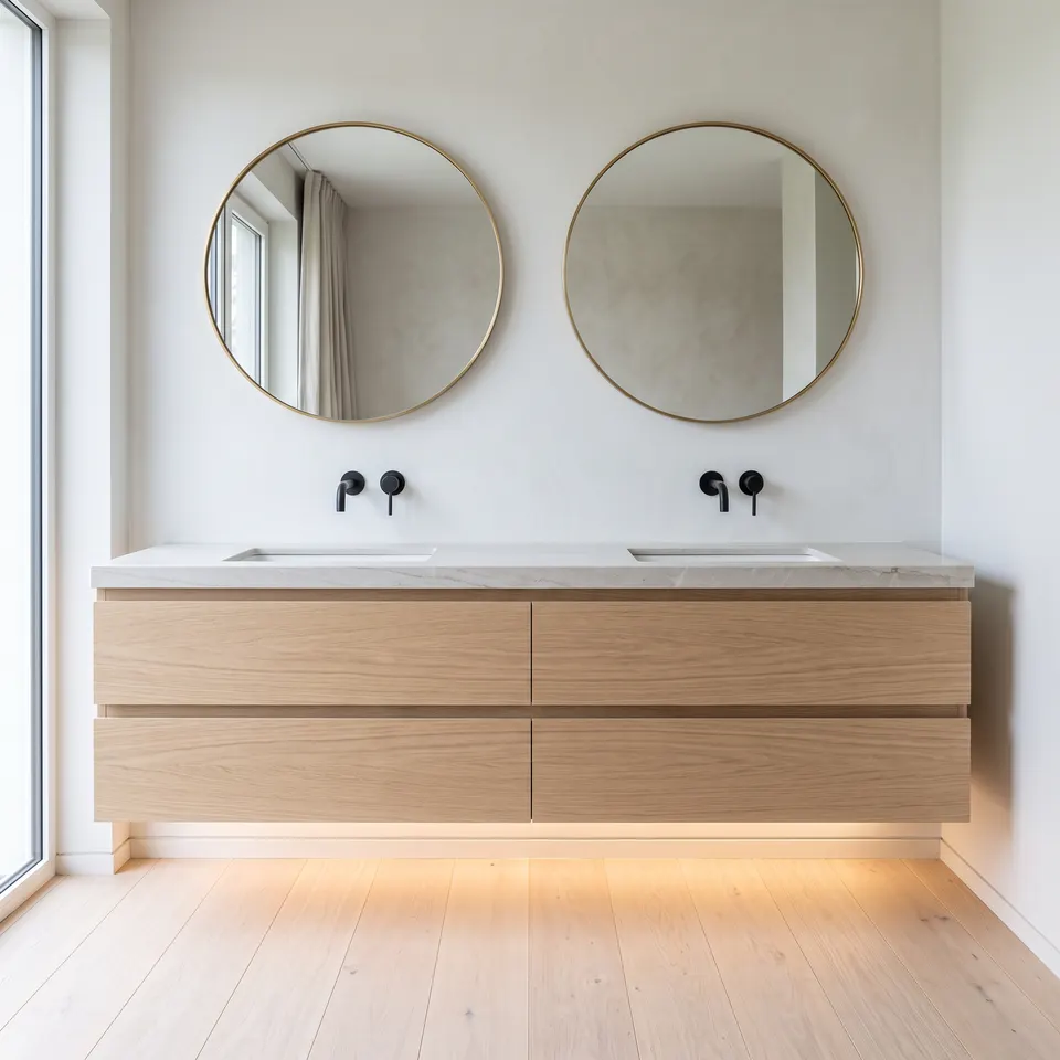 Floating white-oak double vanity with an integrated stone top