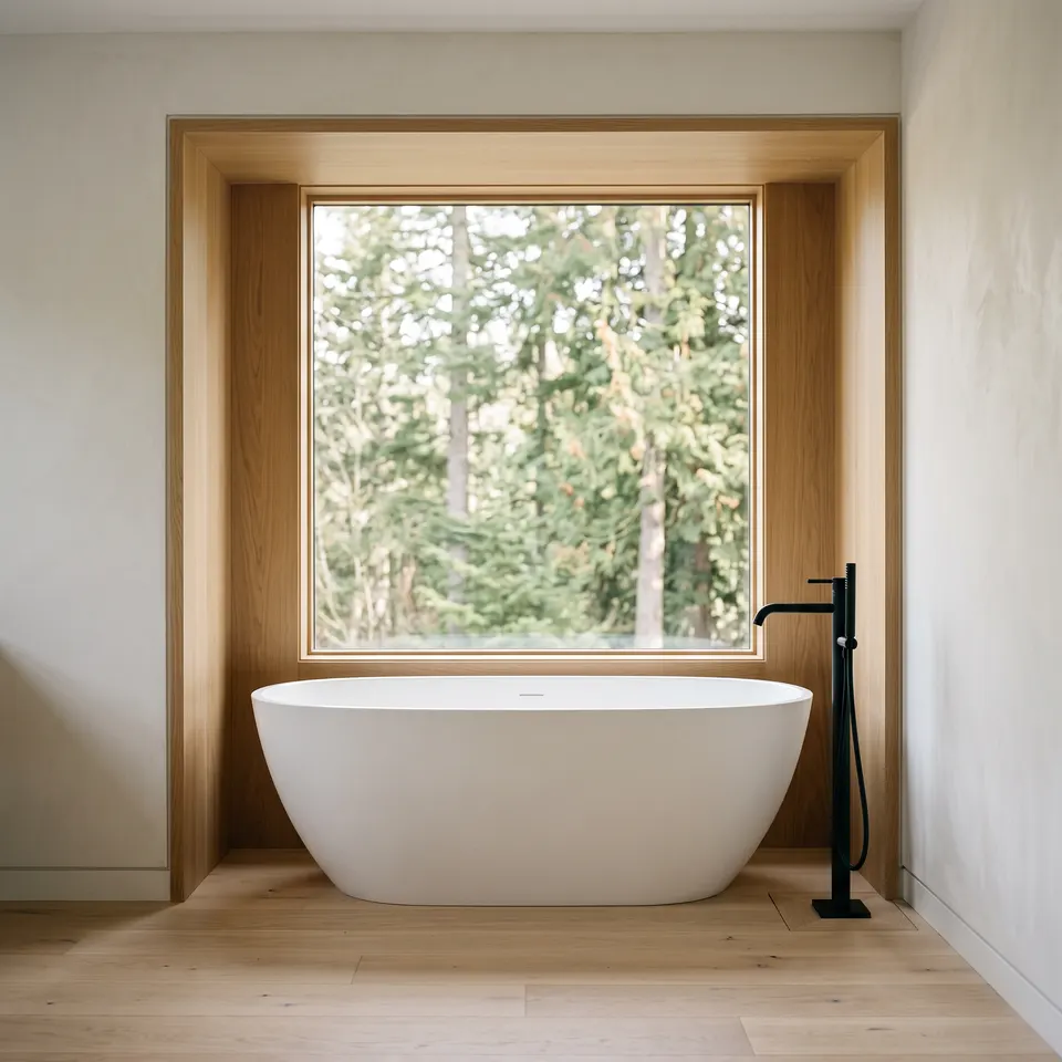 Freestanding matte stone tub beneath a picture window