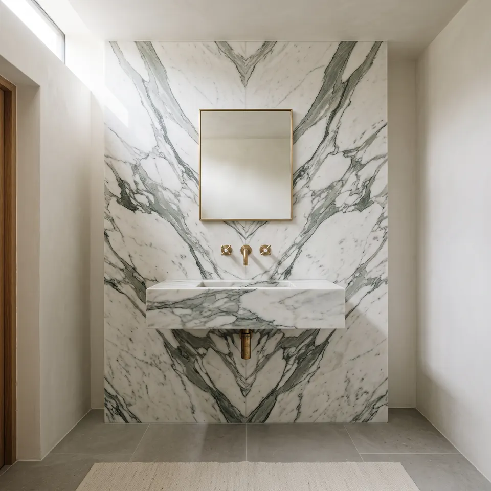 Powder room feature stone wall with brass fixtures