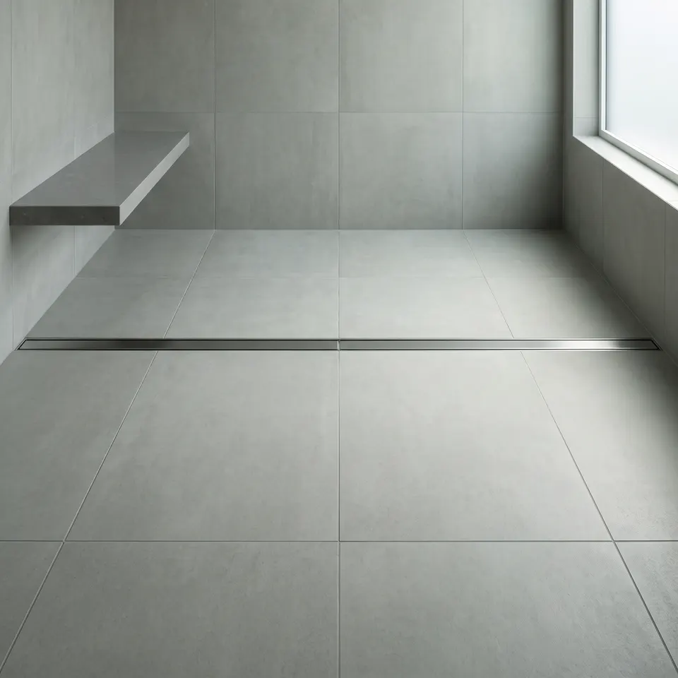 A curbless wet-room floor with a linear drain in honed tile