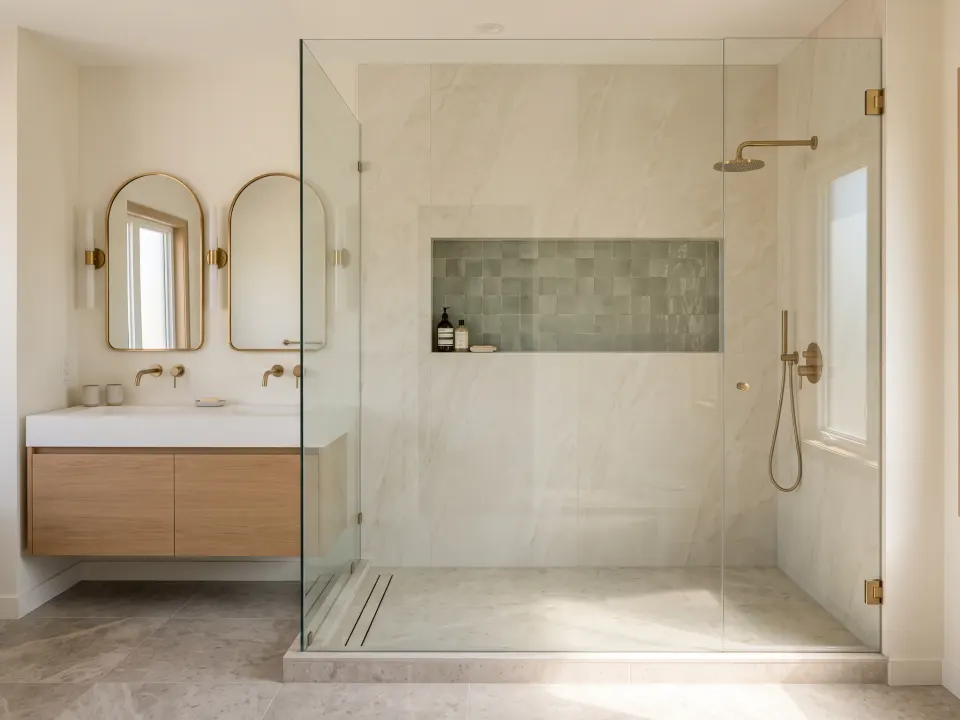 A floating white-oak double vanity with twin arched mirrors and brass fixtures
