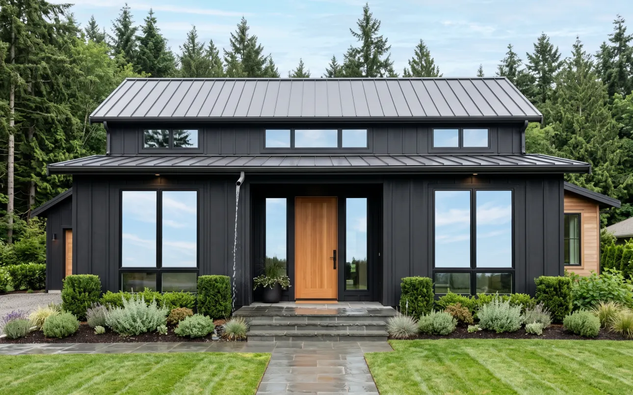 Modern home exterior after soft wash roof cleaning, with a clear gutter line
