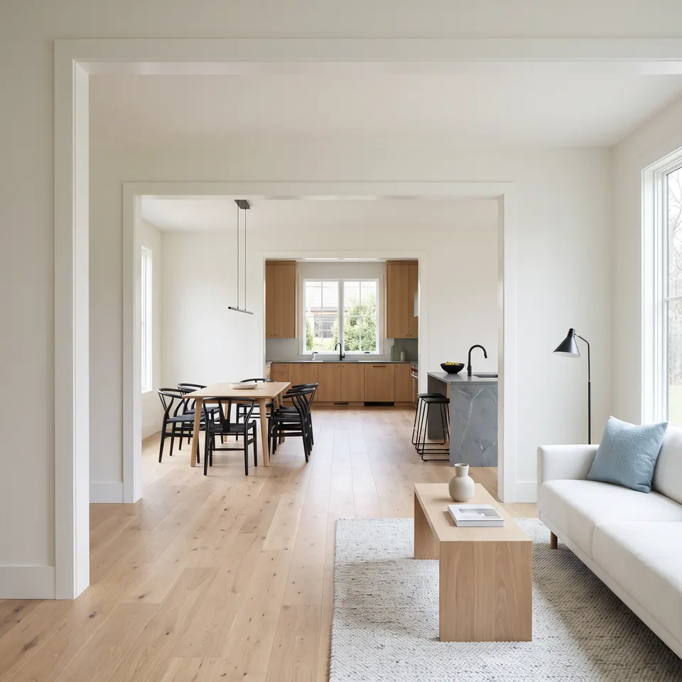 A sightline through three finished connected rooms
