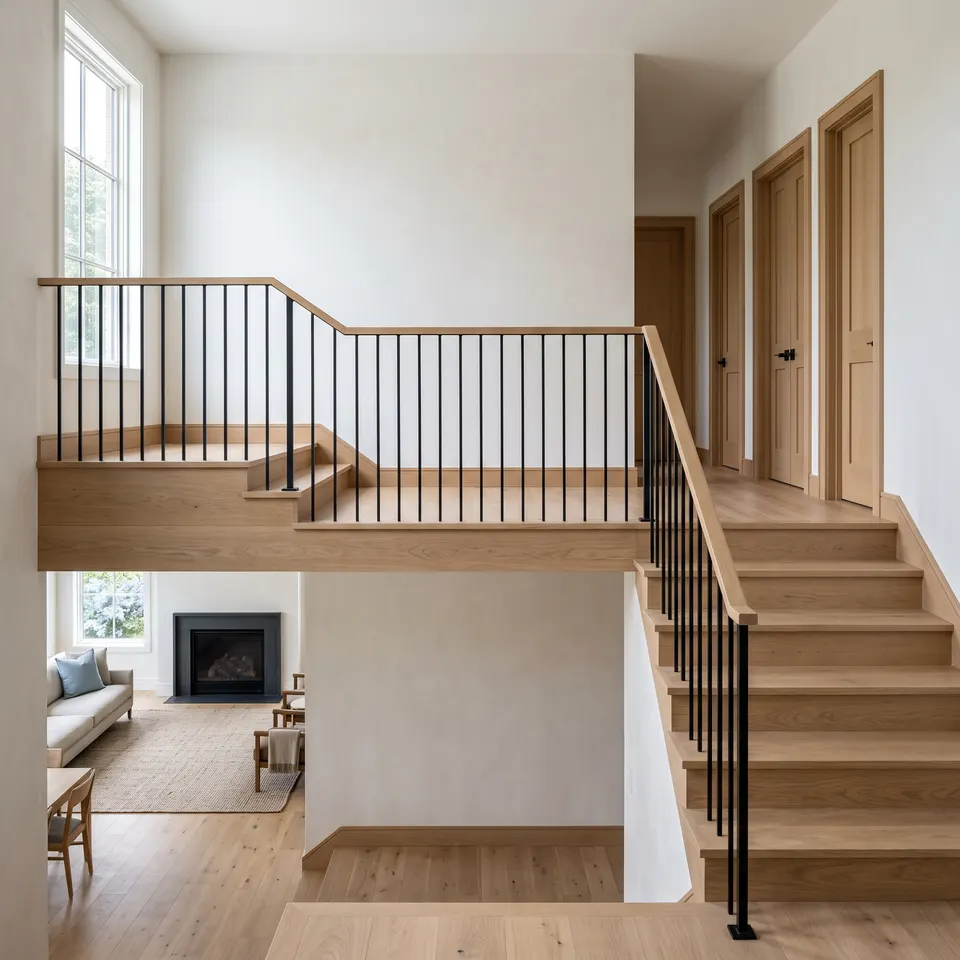 An open stair landing showing two remodeled stories