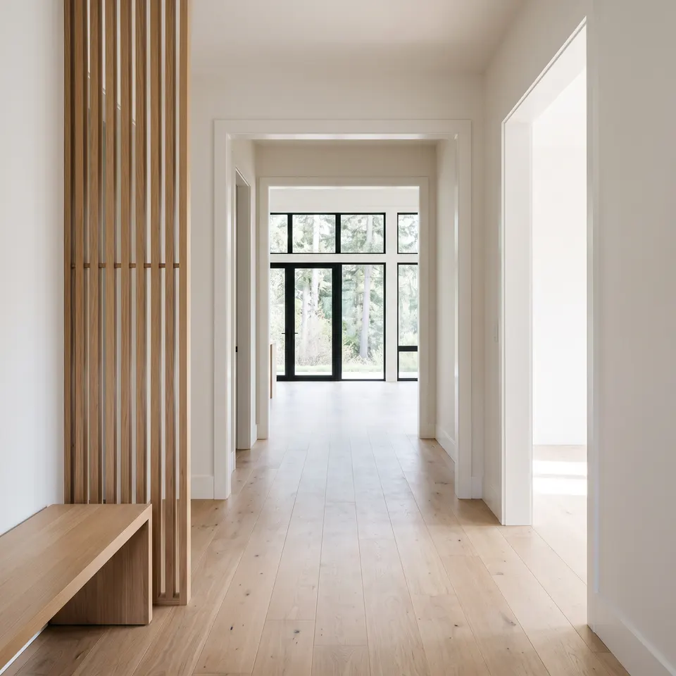Entry hall reading through the house to a distant window wall