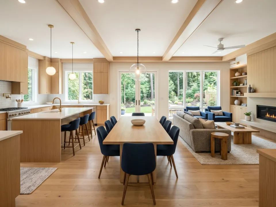 One sightline through a remodeled kitchen, dining area and living room under coffered oak beams