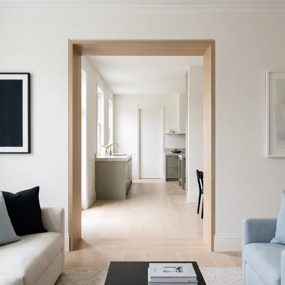 A new cased white-oak opening joining living room and kitchen in a Bellingham remodel
