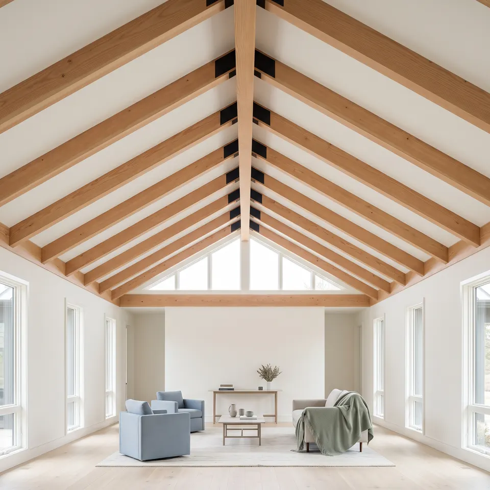 A raised vaulted ceiling with clean Douglas-fir beams and ridge