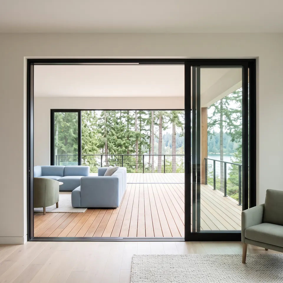 A new full-height sliding glass wall opening to a cedar deck