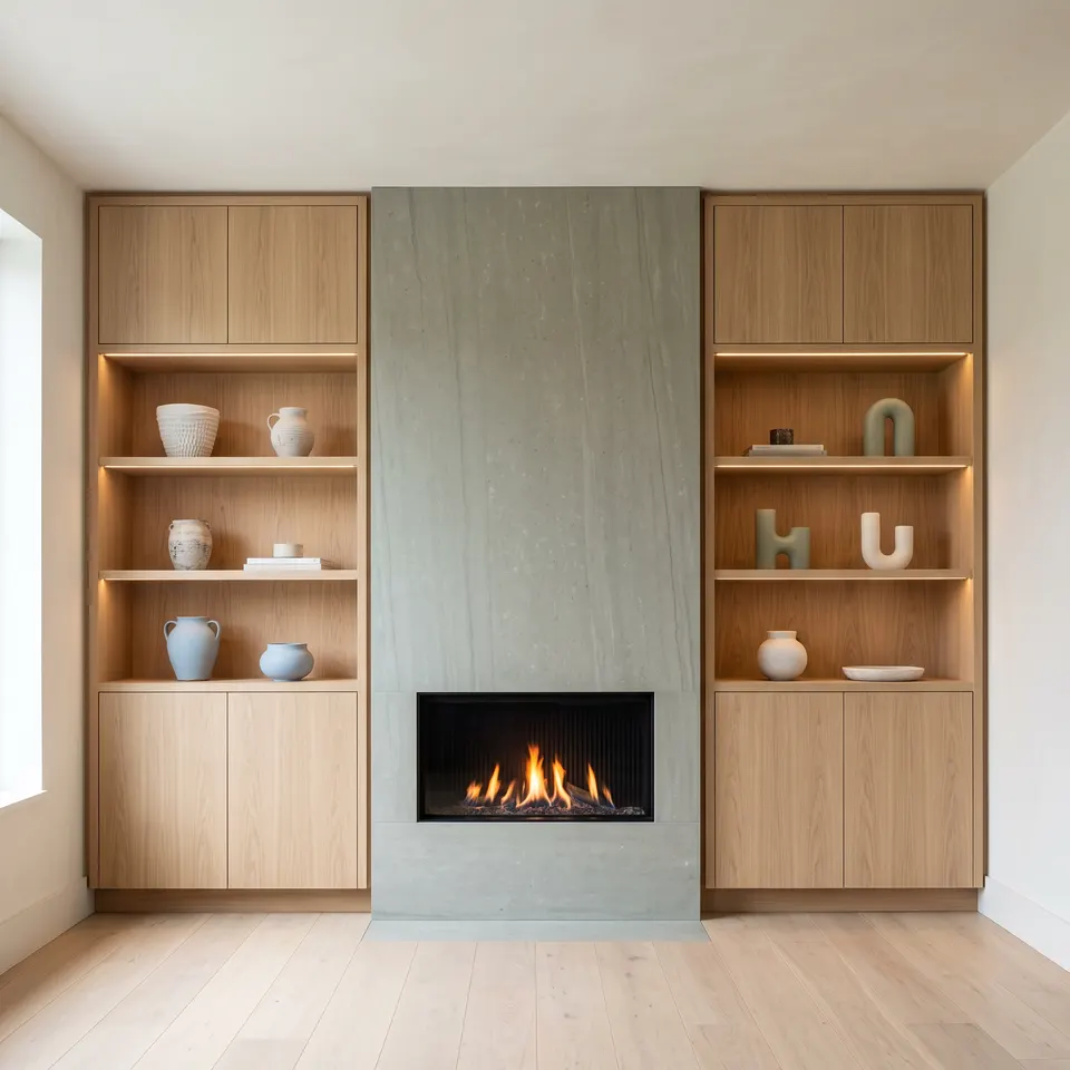 A floor-to-ceiling white-oak built-in wall around a linear fireplace