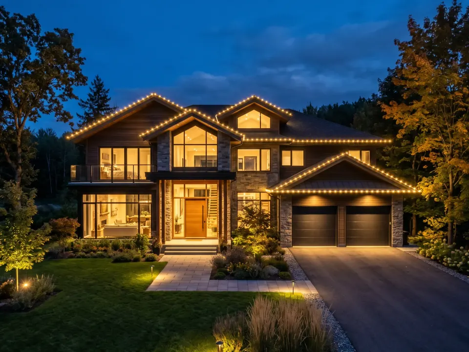 A modern craftsman home at blue hour with warm bulbs on every gable and roofline