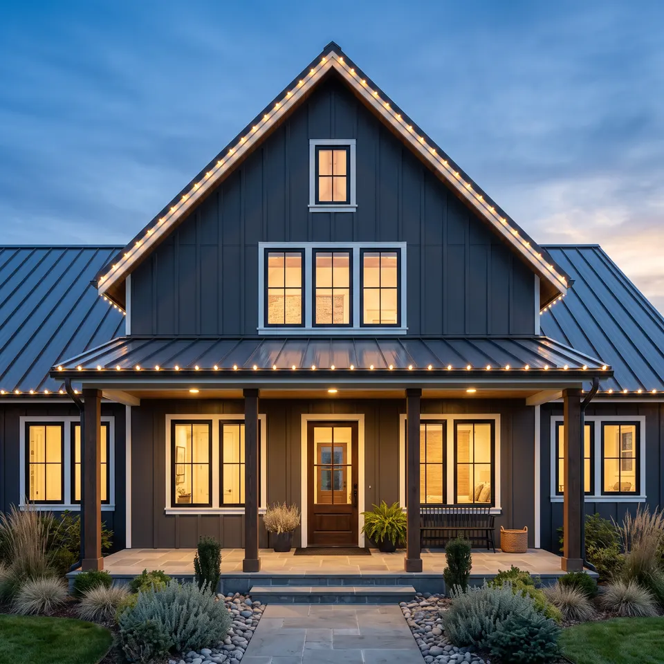 Warm Christmas bulbs tracing a gable peak and porch edge at blue hour