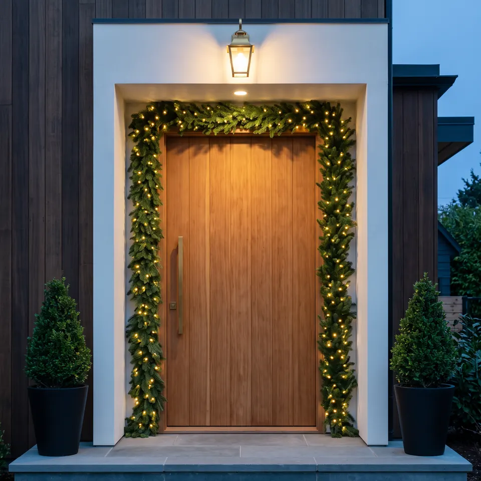 Evergreen garland and warm bulbs framing a stained timber front door