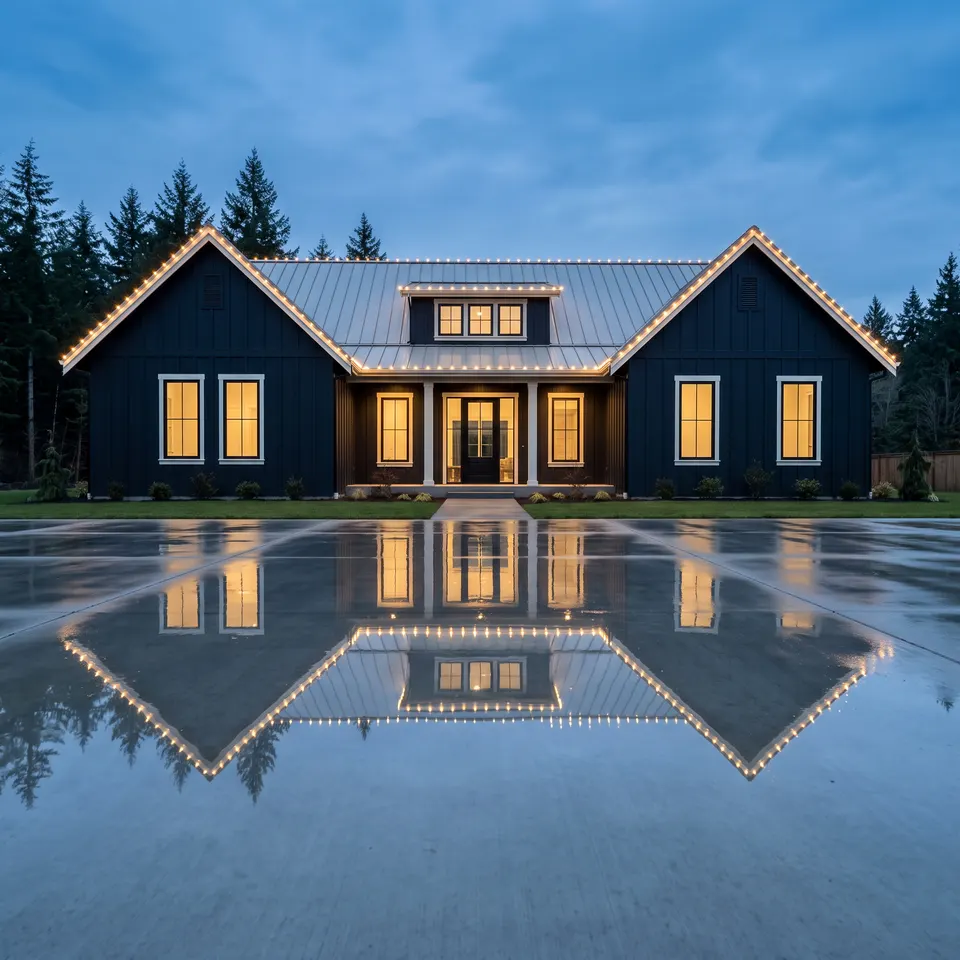 Christmas roofline lights mirrored in a rain-wet Bellingham driveway