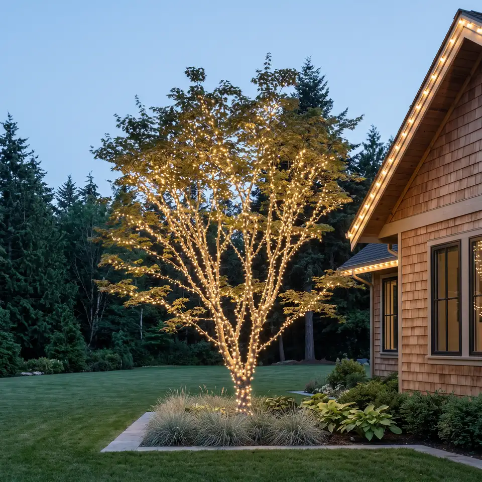 A wrapped garden tree beside a lit eave against a dusk fir treeline