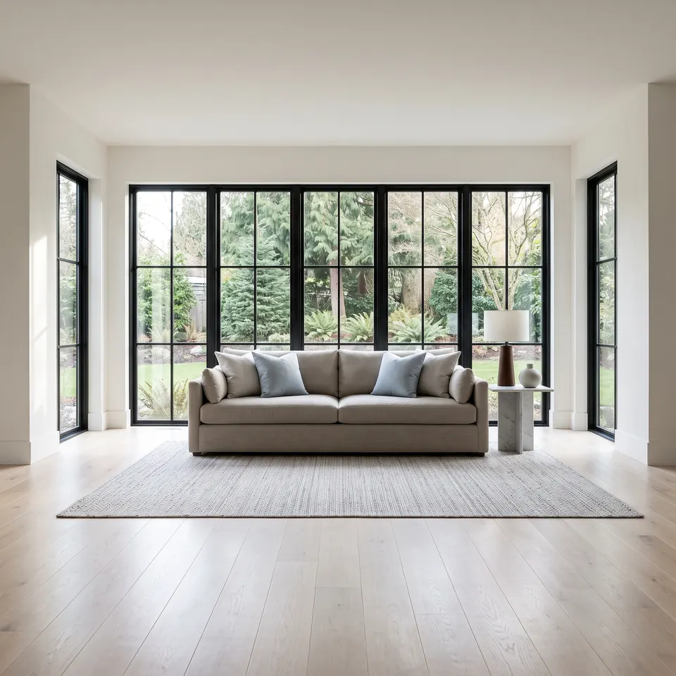 An open-plan living room cleaned top to bottom over pale white-oak floors