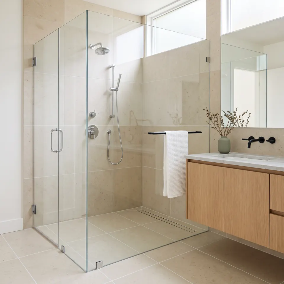 A stone bathroom deep cleaned, with clear frameless shower glass