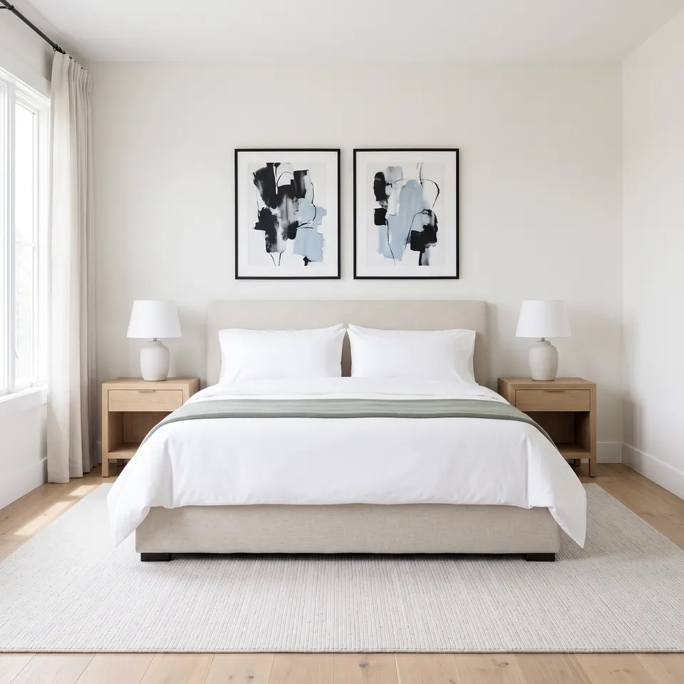 Bedroom reset with crisp bedding and clear surfaces