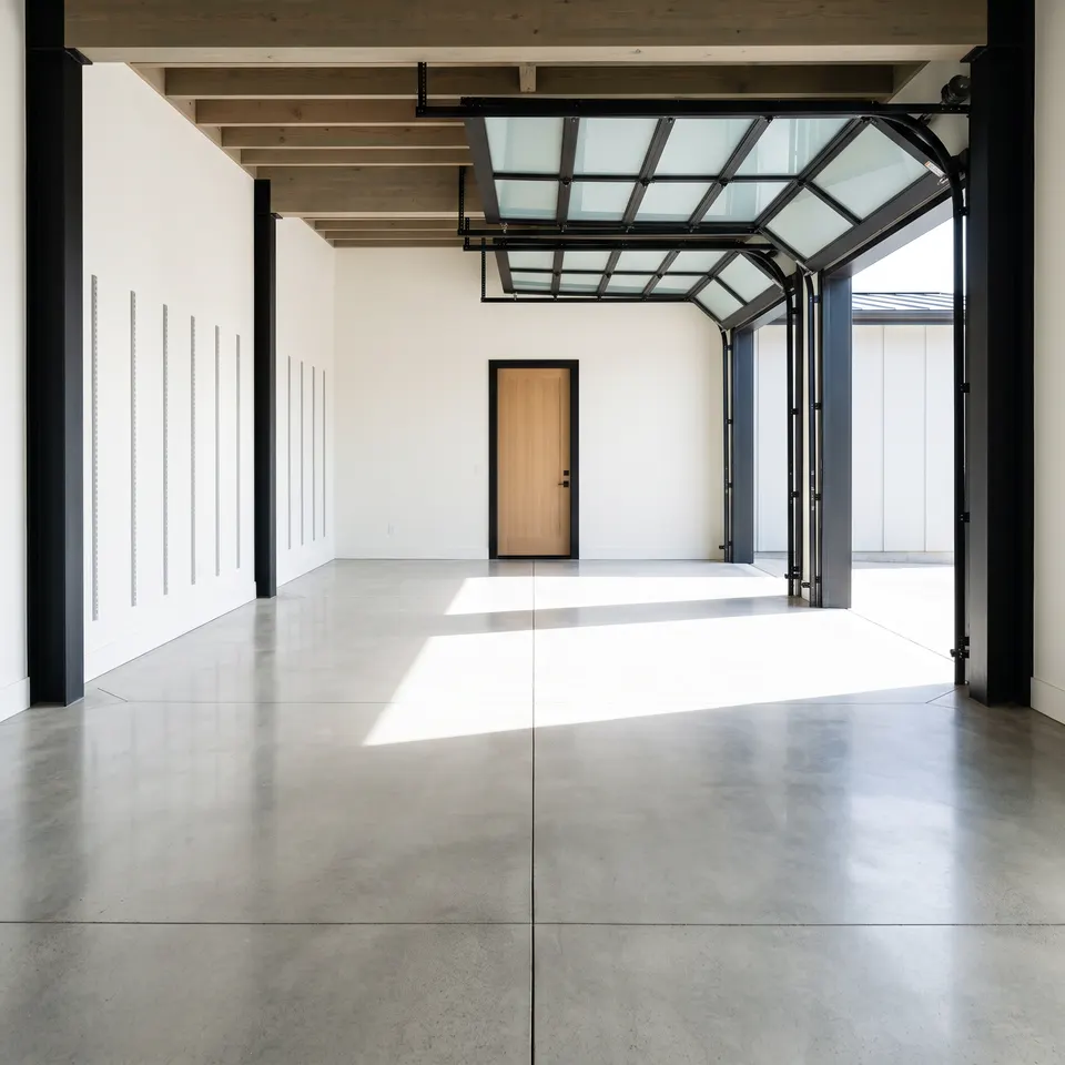 A garage after a full cleanout, sealed floor and open bay light