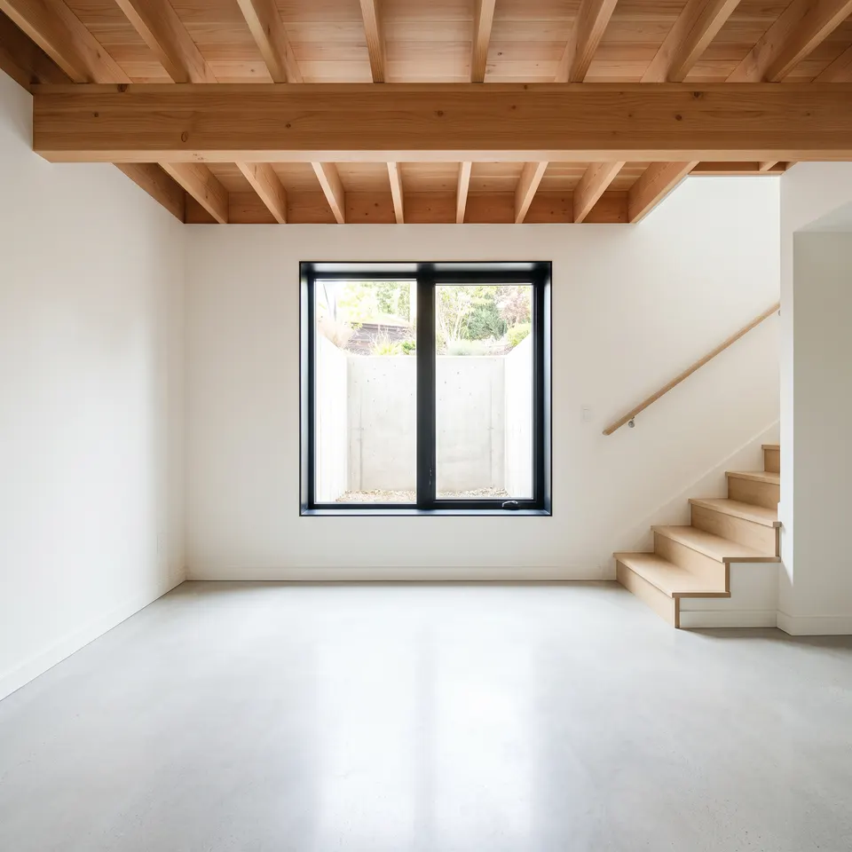 An emptied lower level with clean concrete and a bright egress window