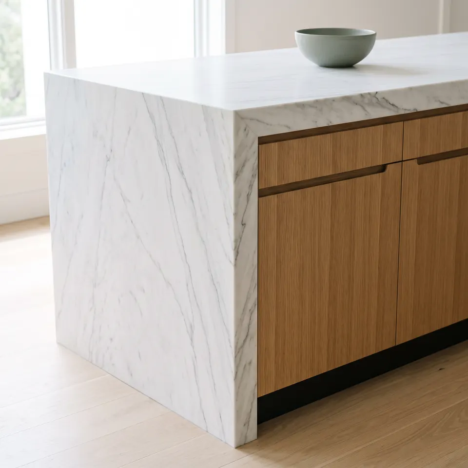 A close study of a marble waterfall island corner over an oak base