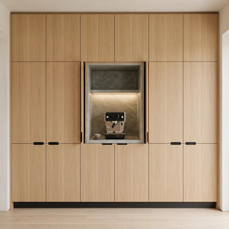 A floor-to-ceiling oak pantry wall with an open appliance garage