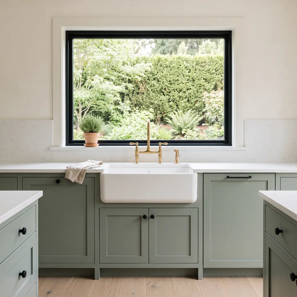 An apron sink under a picture window looking out to a green garden