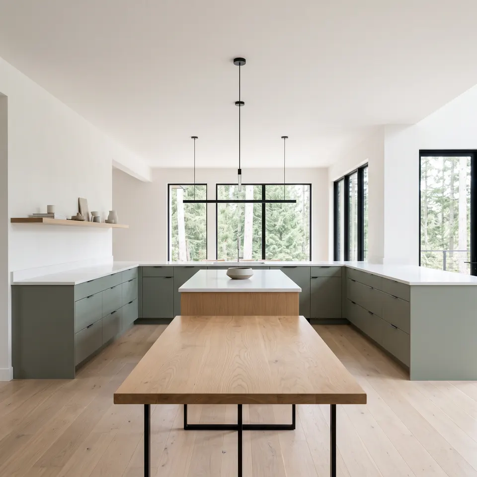 A dining table view into an open sage-gray kitchen remodel