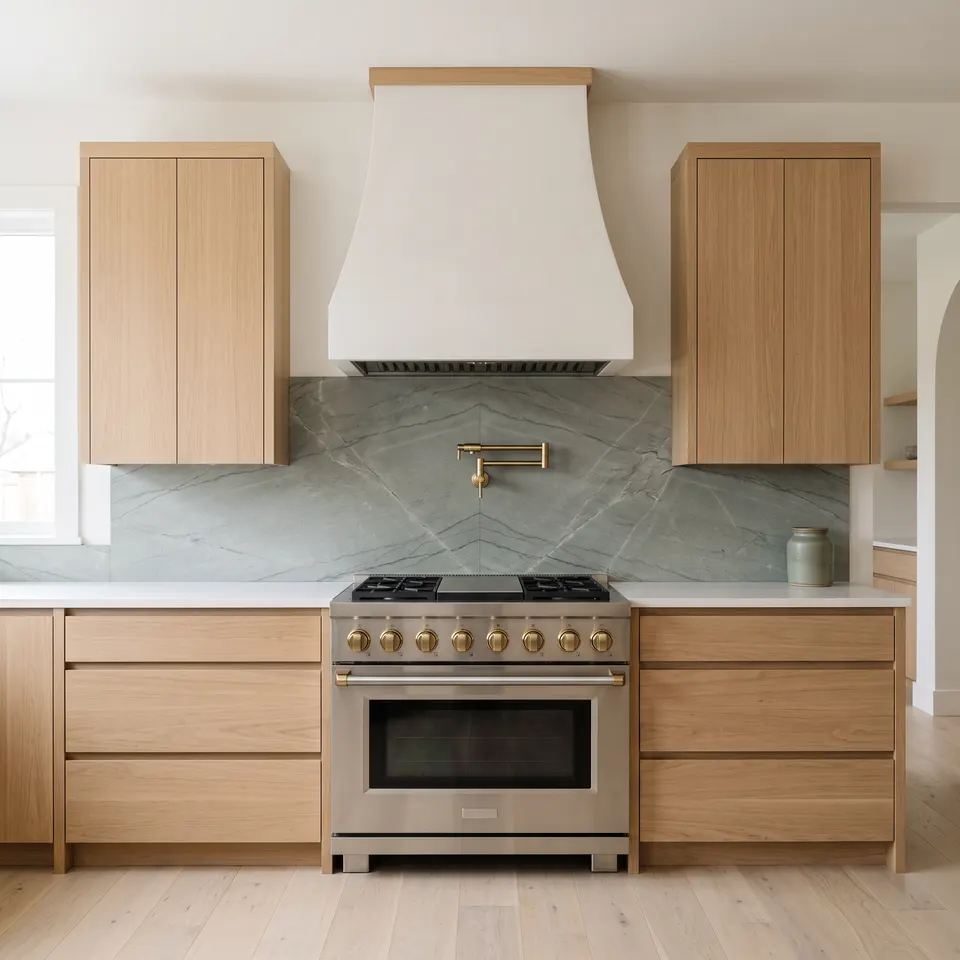 A tapered plaster hood over a range with a stone slab splash