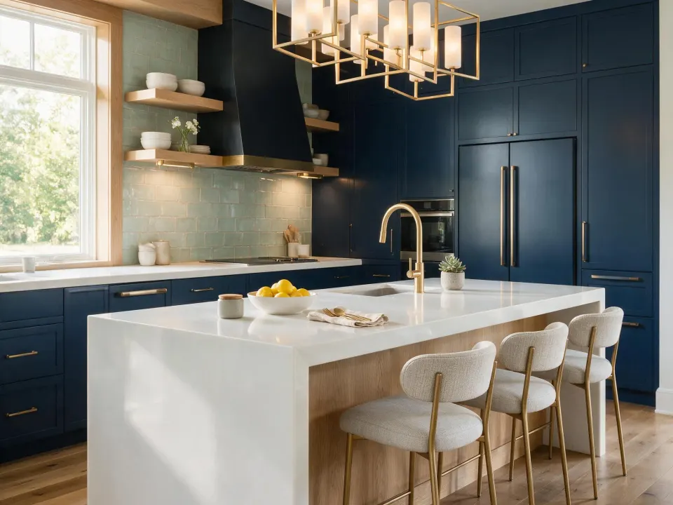 A navy shaker kitchen with a quartz waterfall island on an oak base