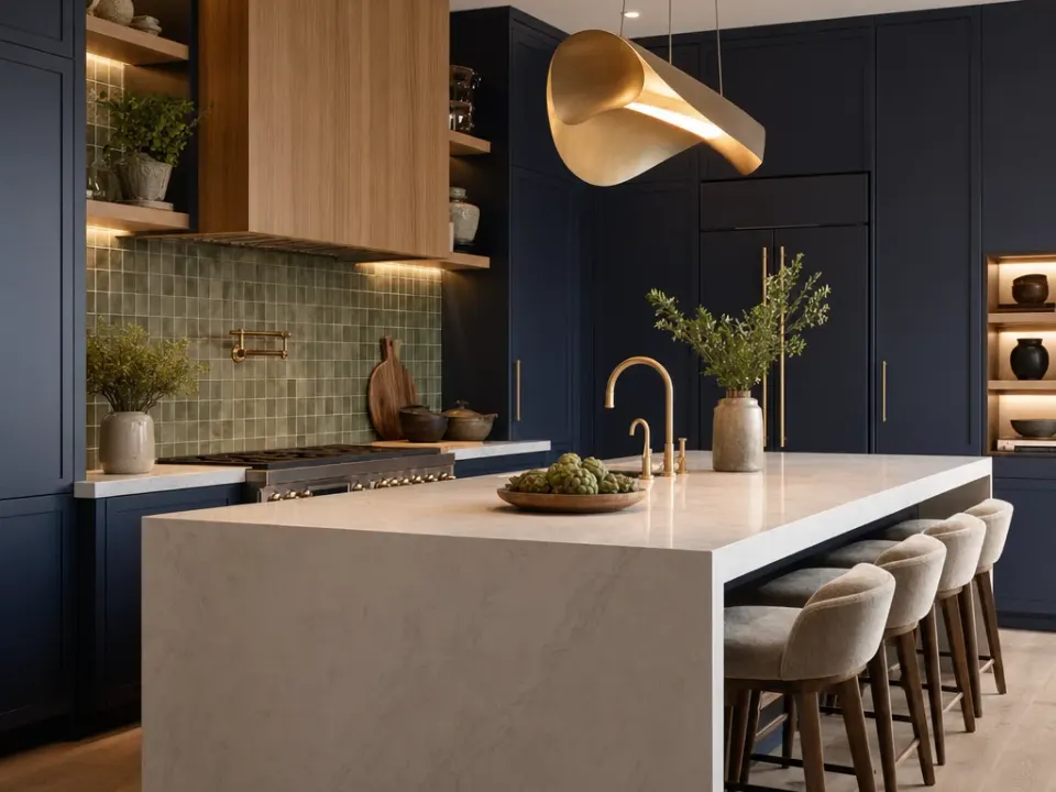 A stone waterfall island and green zellige backsplash under an oak chimney hood