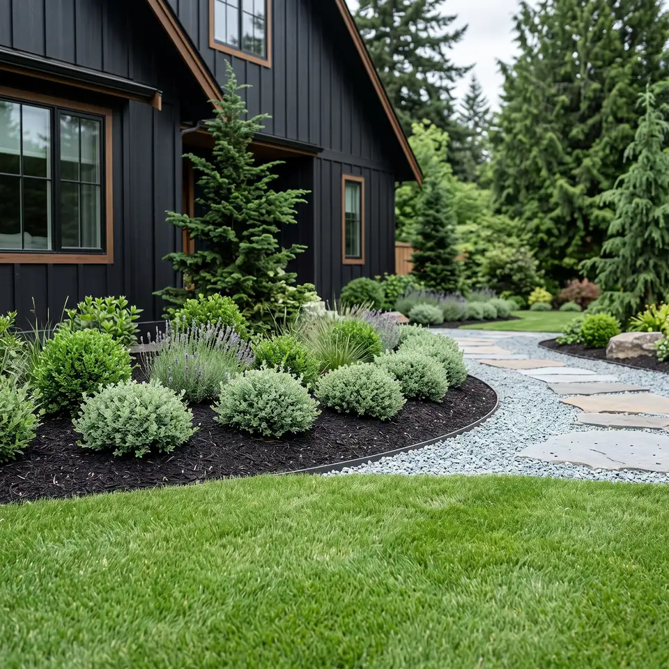 Knife-cut spade edge where a planting bed meets a flawless lawn