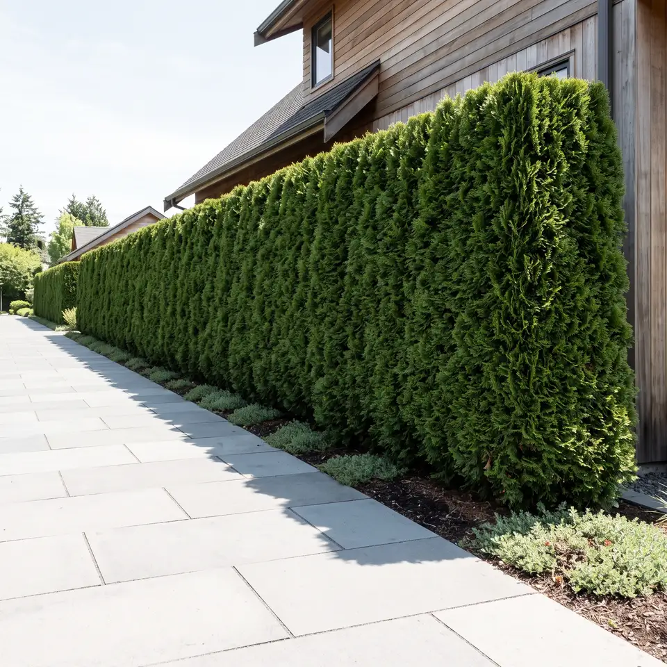 Mature hedge clipped to a flat plane beside a bluestone path