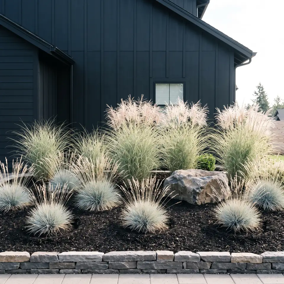 A freshly mulched planting bed of ornamental grasses against dark cladding