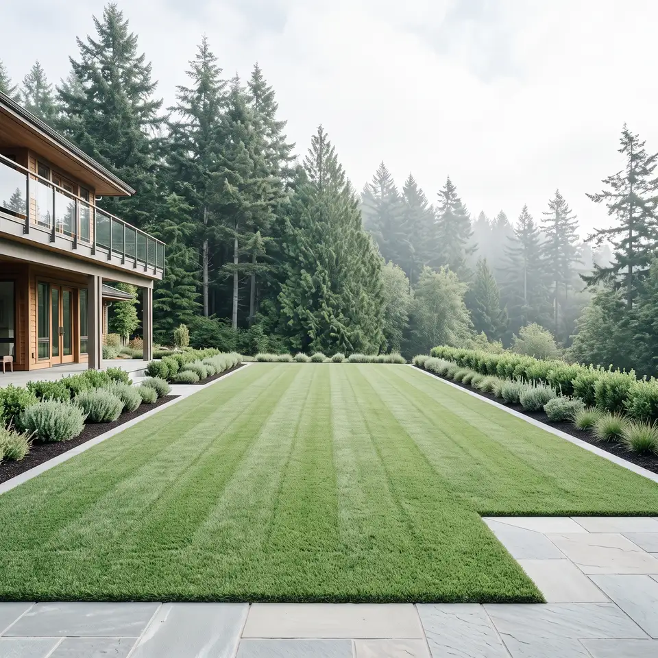 Manicured back lawn opening to a Douglas fir treeline