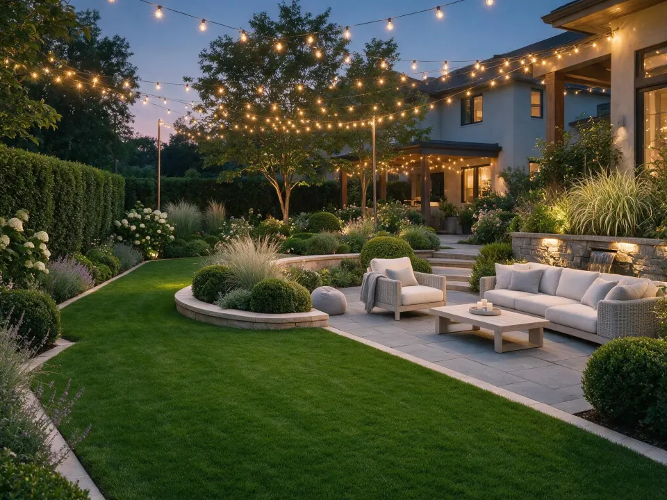 A striped lawn running to a clipped hedge wall and stone-edged planting beds