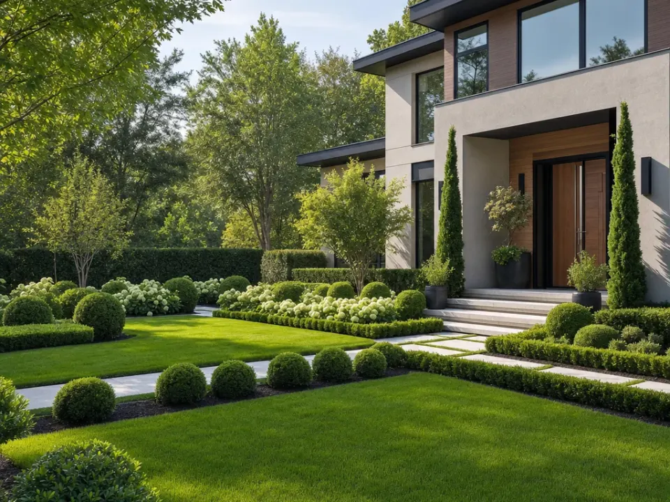 Boxwood spheres, a clipped hedge edge and white hydrangea drifts along a paver walk