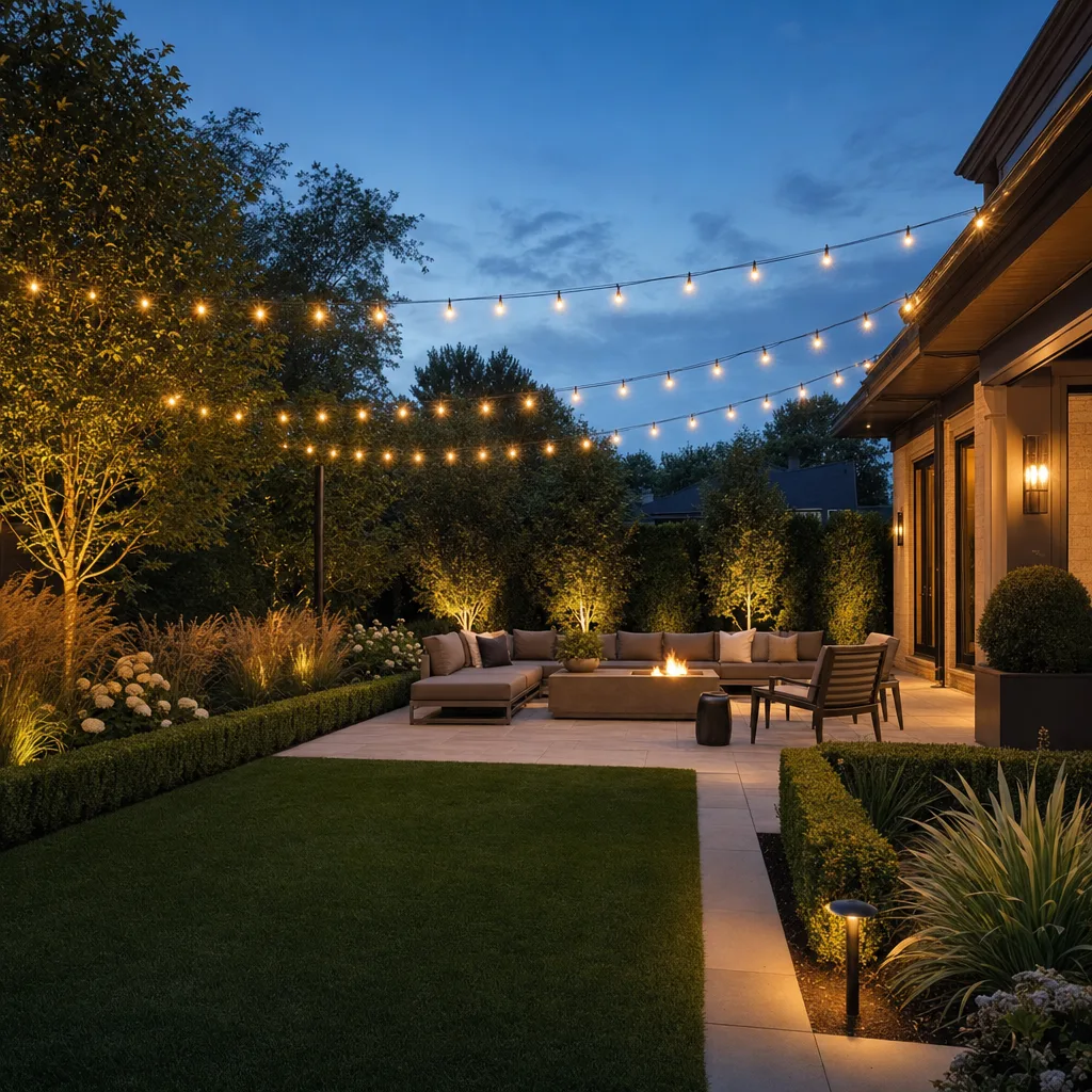 Landscaped backyard patio with string lighting at dusk