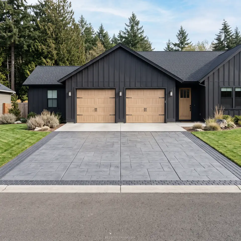 A stamped concrete driveway pressure washed clean to a dark garage elevation