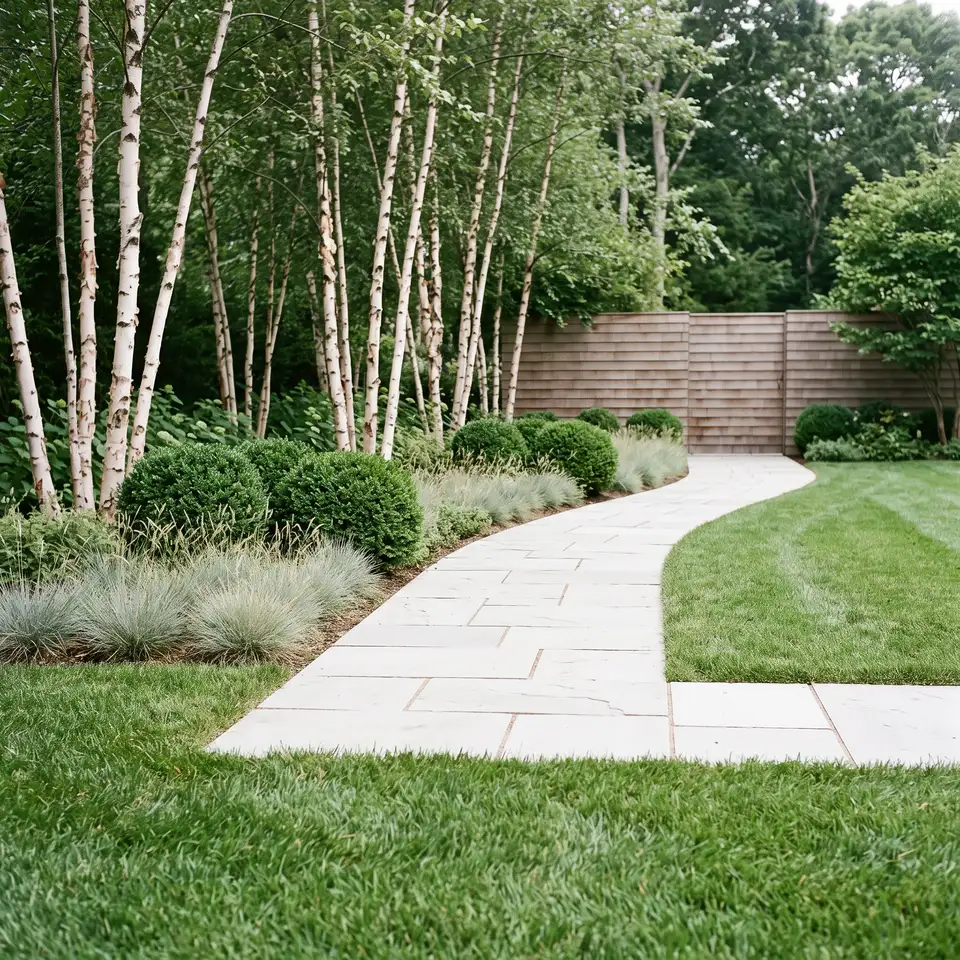 Cleft flagstone path with sand-swept joints running between lawn and grasses