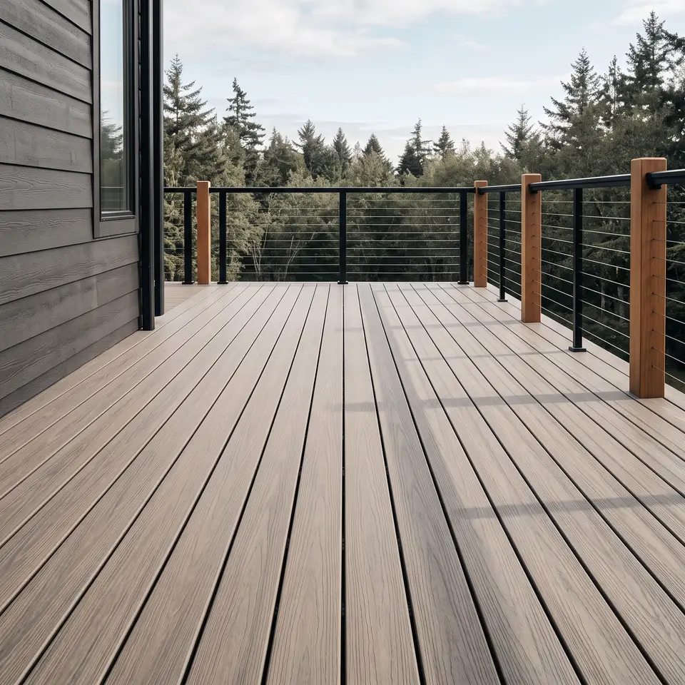 A warm-gray composite deck with black cable railing above a fir treeline