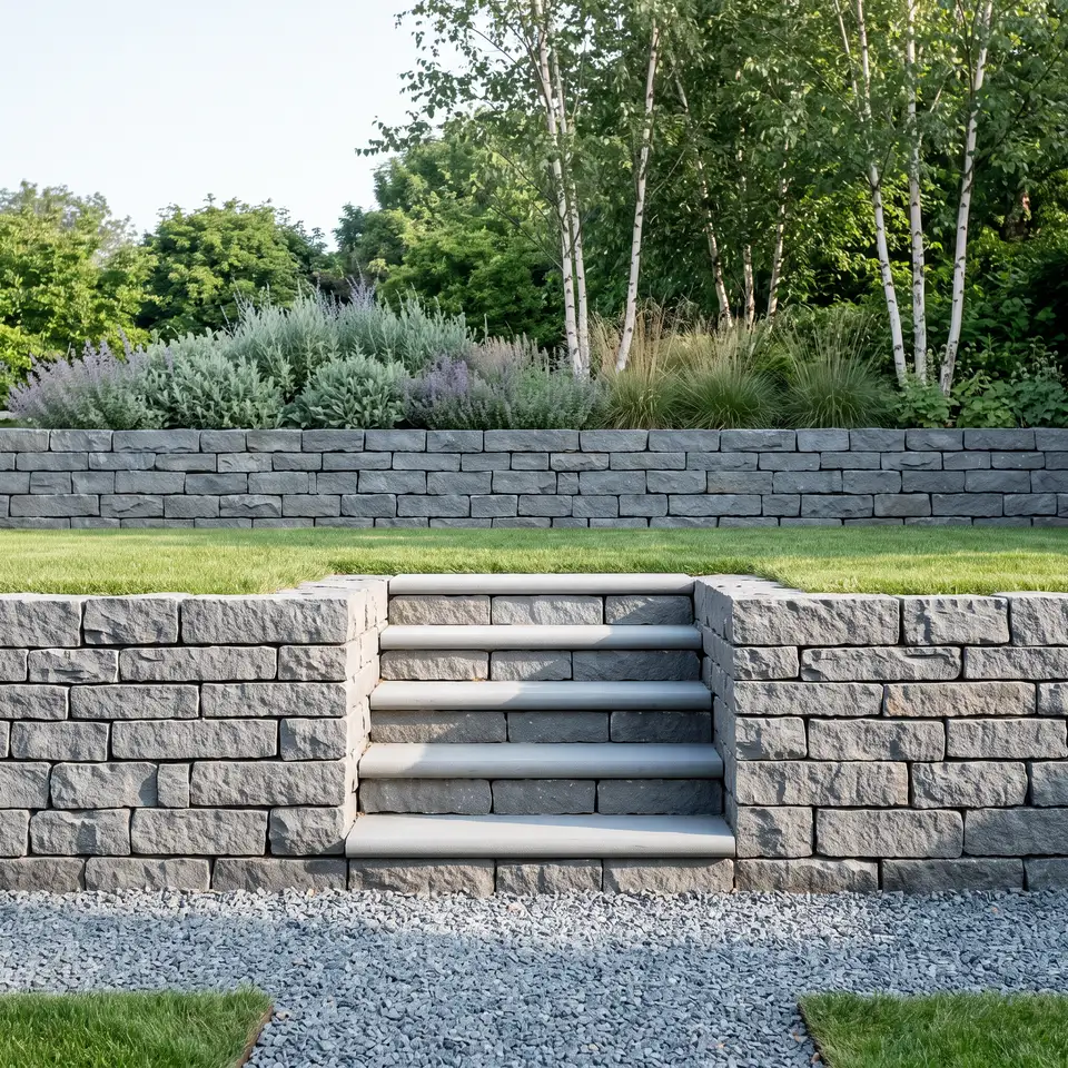 Dry-stacked basalt retaining wall with bluestone tread caps rising to a lawn terrace