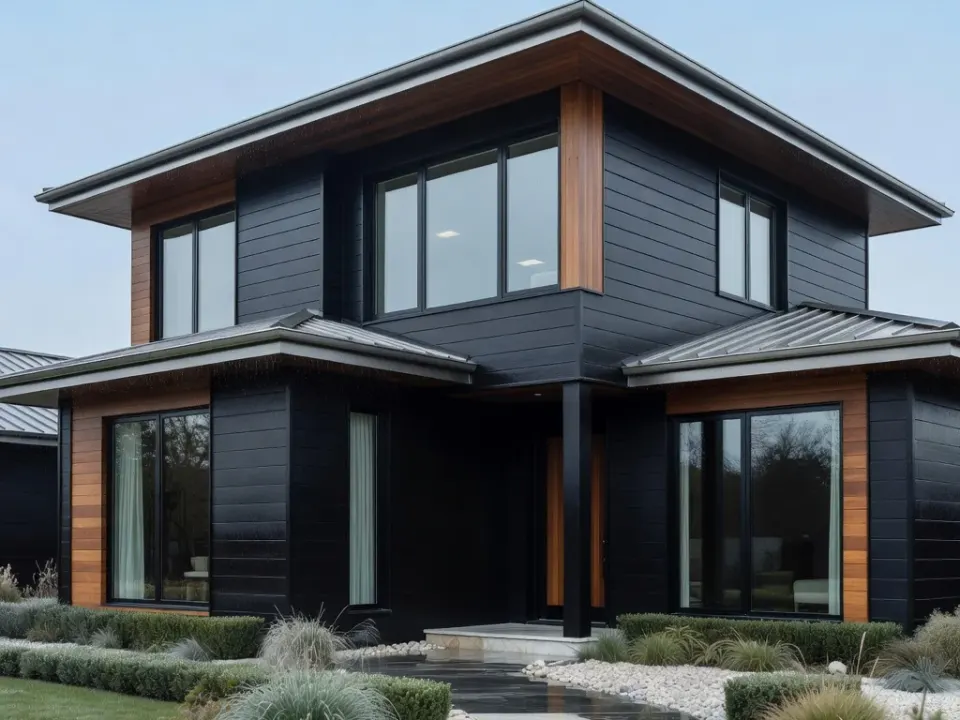 Black shou-sugi-ban siding and cedar panels on a clean front elevation